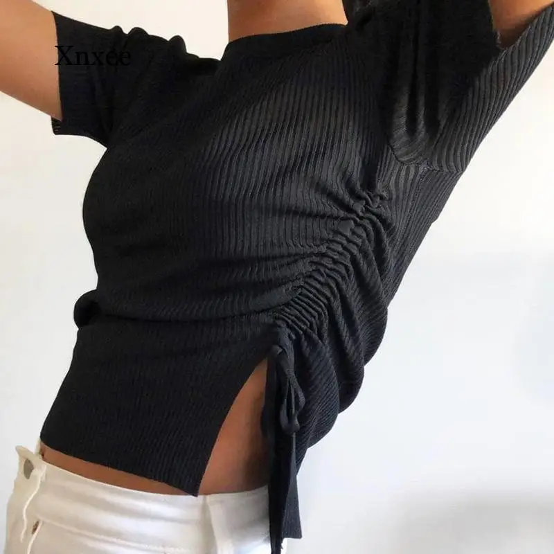 Black Solid Basic Slim Ruched T-Shirt Women Streetwear White Short Sleeve o Neck Lace Up Cropped Tee Shirt Summer Clothing