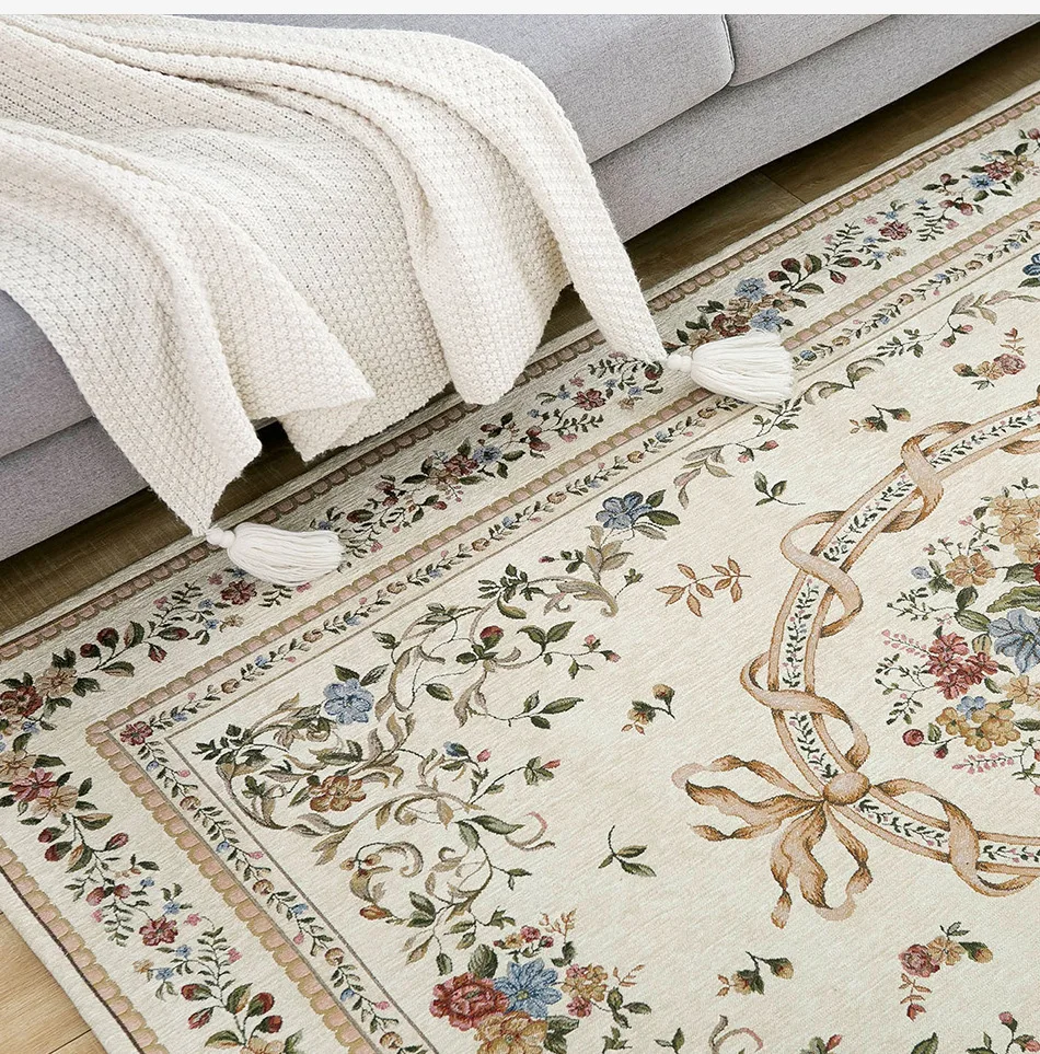 Vintage Rug Floral Carpet Nordic Beige Europe Pastoral Rug For Home Living Room Bedroom Area Rug Washable Jacquard Woven Rug Mat