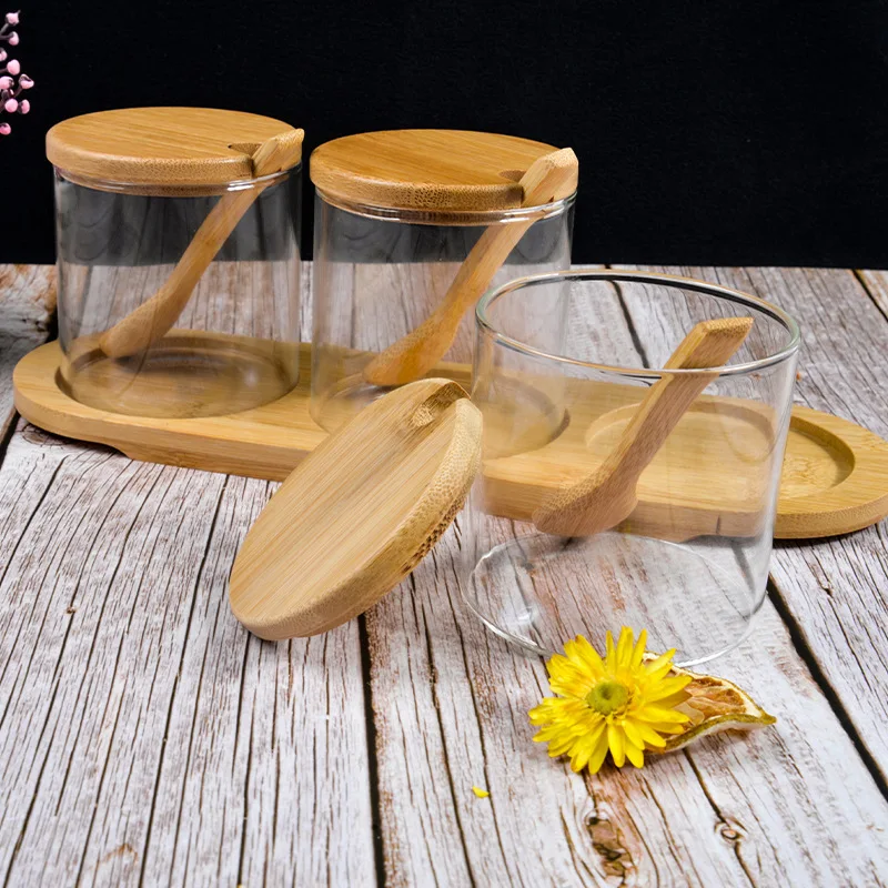 Transparent Glass Sugar Bowl Wooden Lid Spoon Household Seasoning Pot Creative Kitchen Supplies Wooden Salt Sugar Bowl