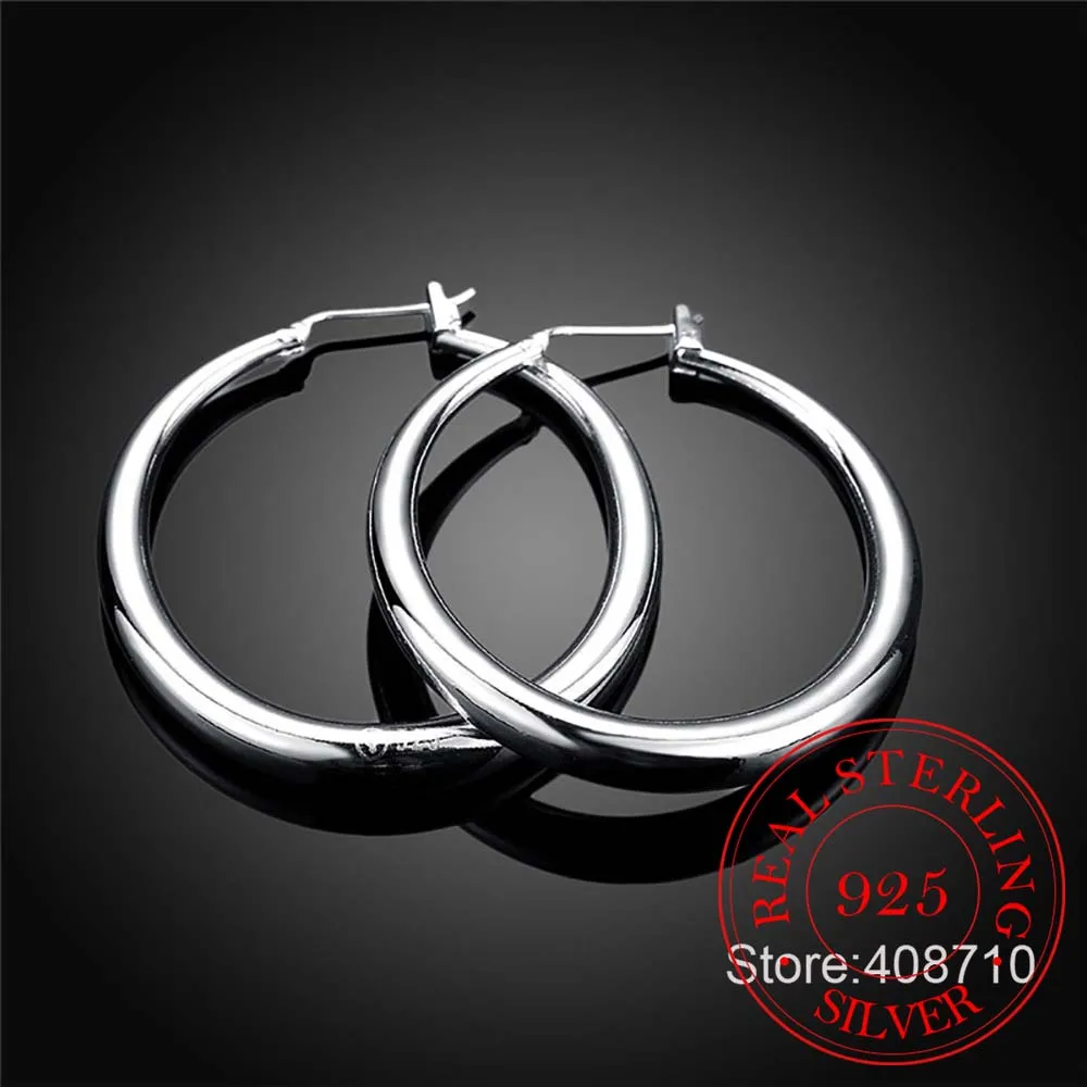 Solid Big Smooth Circle Hoop Earrings Brincos 925 Sterling Silver Simple Party Round Loop Earrings for Women Jewelry