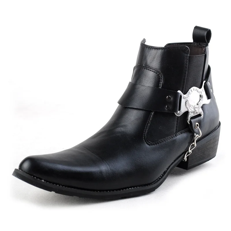 British Luxury Mens Black Ankle Boots Pointed Toe Trending Patent Leather Chains Charm Party Show Shoes Stage Leisure Zapatos