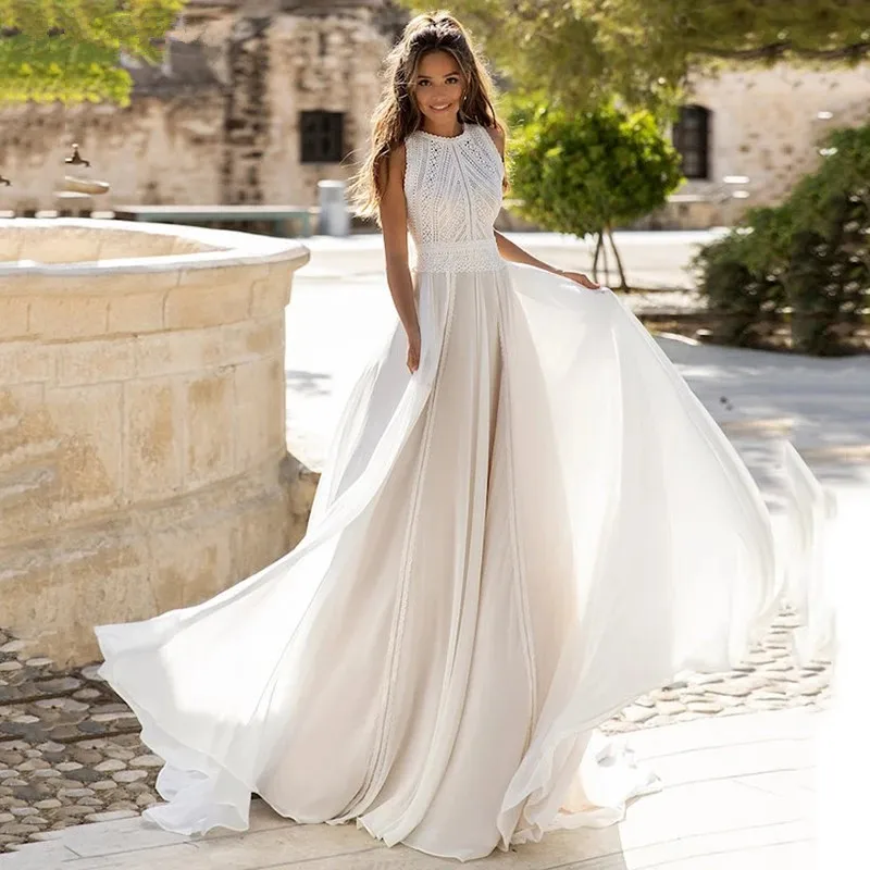 

Beach Wedding Dresses A-line Scoop Chiffon Lace Backless Dubai Arabic Wedding Gown Bridal Dress Vestido De Noiva