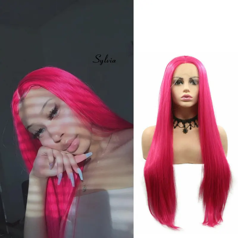 Sylvia Rose Red Synthetic Hair for Women Glueless Natural Look Dark Pink Lace Front Wigs Drag Queen Halloween Replacement Wig