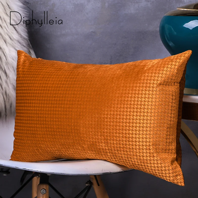 Diphylleia Lumbar Pillow Cover Textured Velvet Solid Orange Blue Silver Gold Houndstooth Stripes Cushion Case Home Decoration