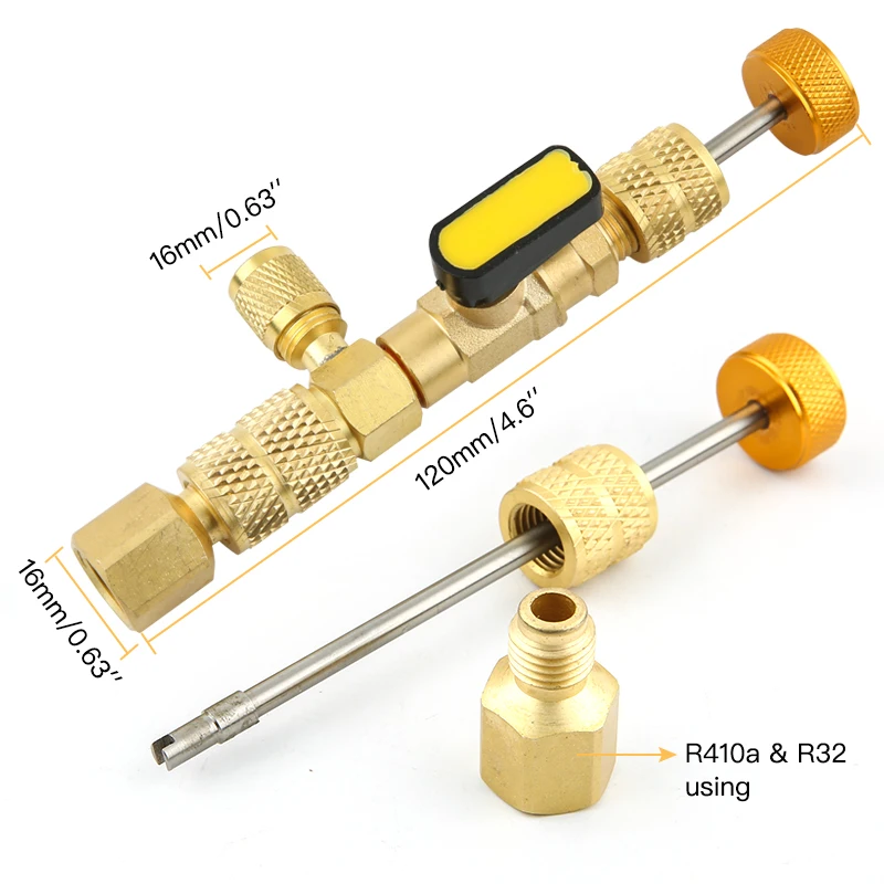 Herramienta de instalador de núcleo de válvula R410A R22 con puerto Dual tamaño 1/4 y 5/16 para sistema HVAC R404A, R407C, R134A, R12, R32