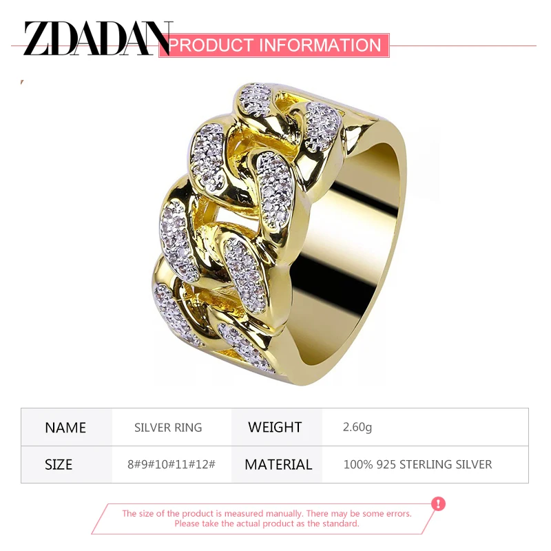 Zdadan Sterling Silber 18 Karat Gold Zirkon Ring für Männer Frauen Modeschmuck Party Geschenk