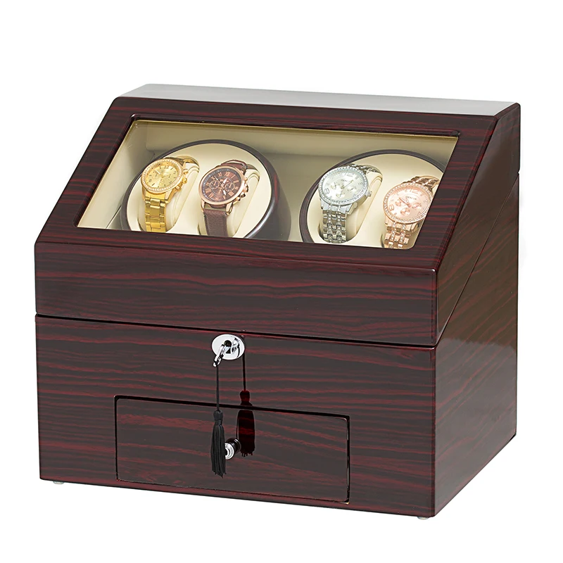 

JQUEEN Automatic Ebony Baking Finish Watch Winder Display Box 4+9 Storages Brown PU Leather Interior