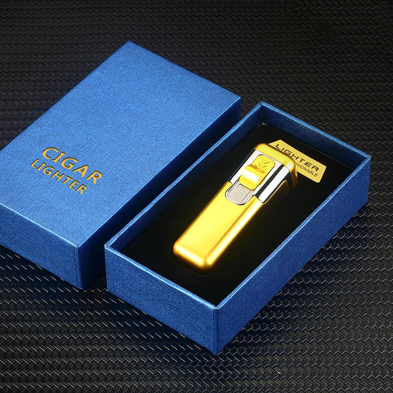 Windproof Metal Torch for Cigar, Butane Lighters, Four Fire, Blue Flame Jet, Adjustable, Luxury, Briquet