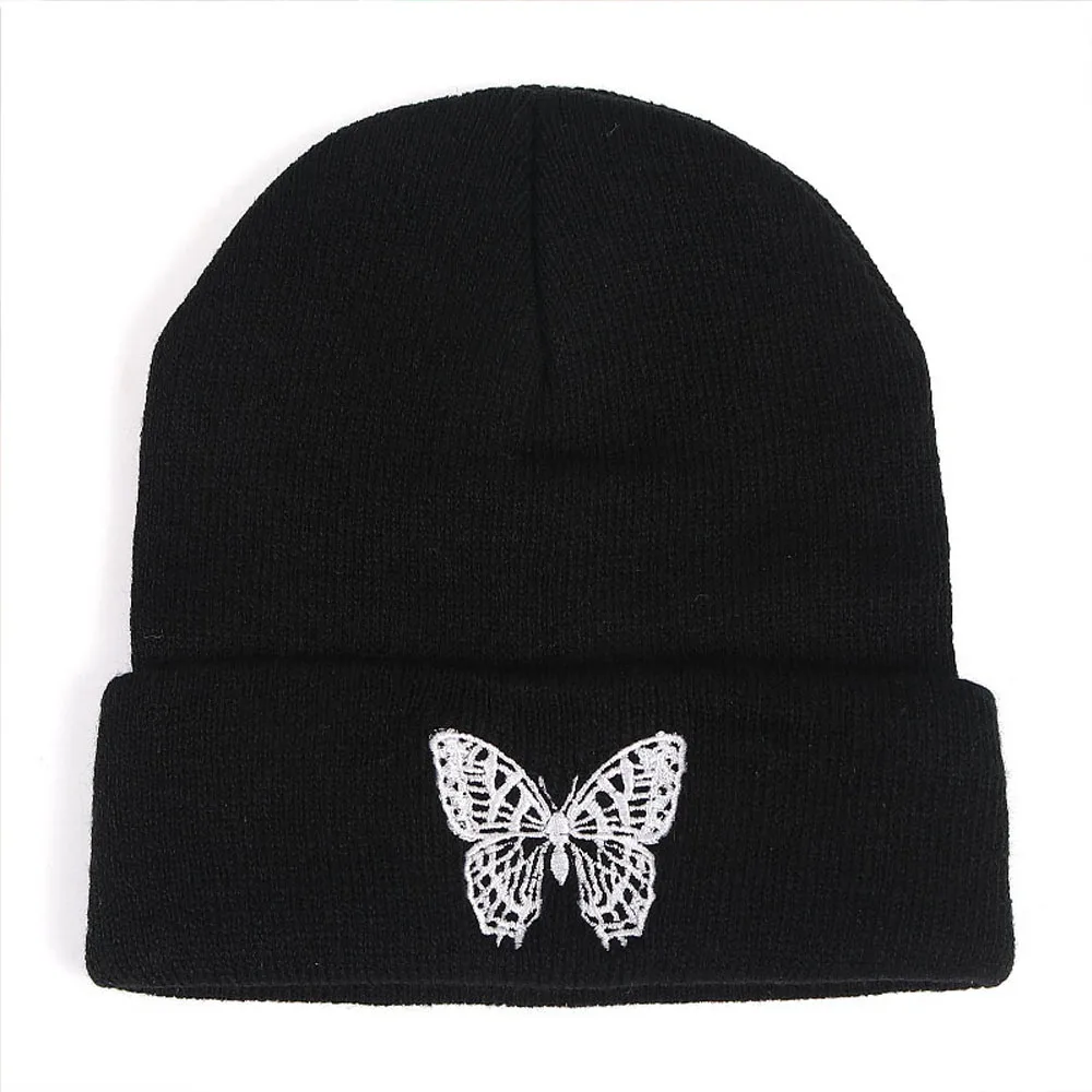 Gorro con bordado de mariposa para hombre y mujer, gorro de lana de estilo hip hop, sólido, para otoño e invierno, venta al por mayor