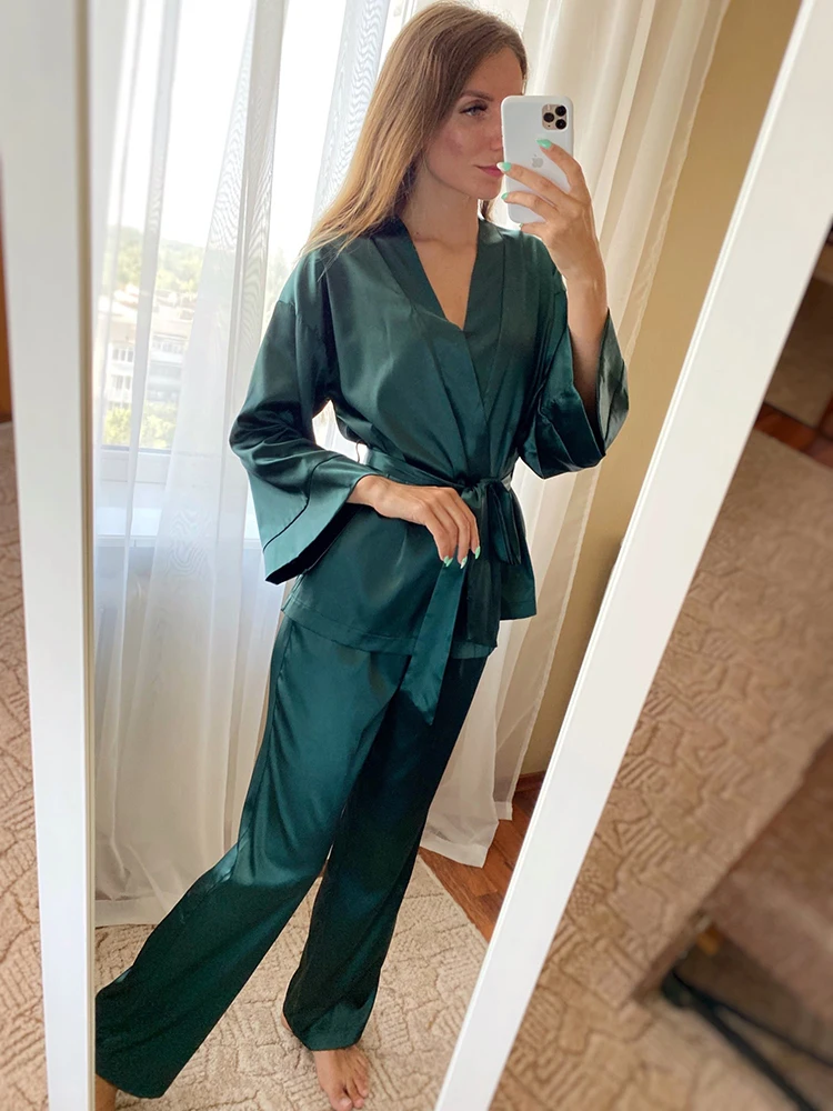 Solid Color Sleepwear Loose Flare Home Pants Three Quarter Sleeve Satin Robe Sets Bathrobe For Women Pajama Fashion Spring 2021