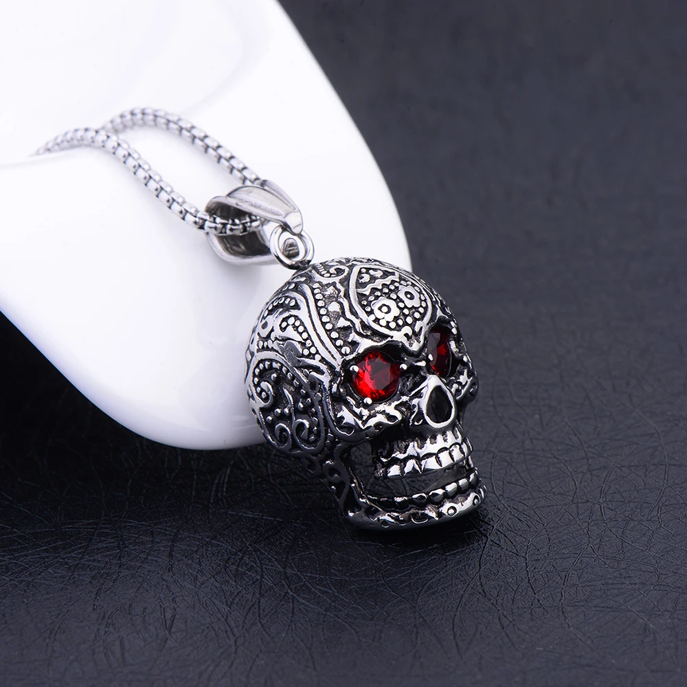 316L Titanium Steel Gold Black Color Red Crystal Skull Pendant Necklace Punk Hip Hop Rock Jewelry Stainless Steel Necklace