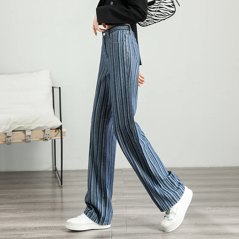 2024 Woman Retro high waist Jeans Fashion Striped wide-leg pants Quality Street Harajuku Straight Pants