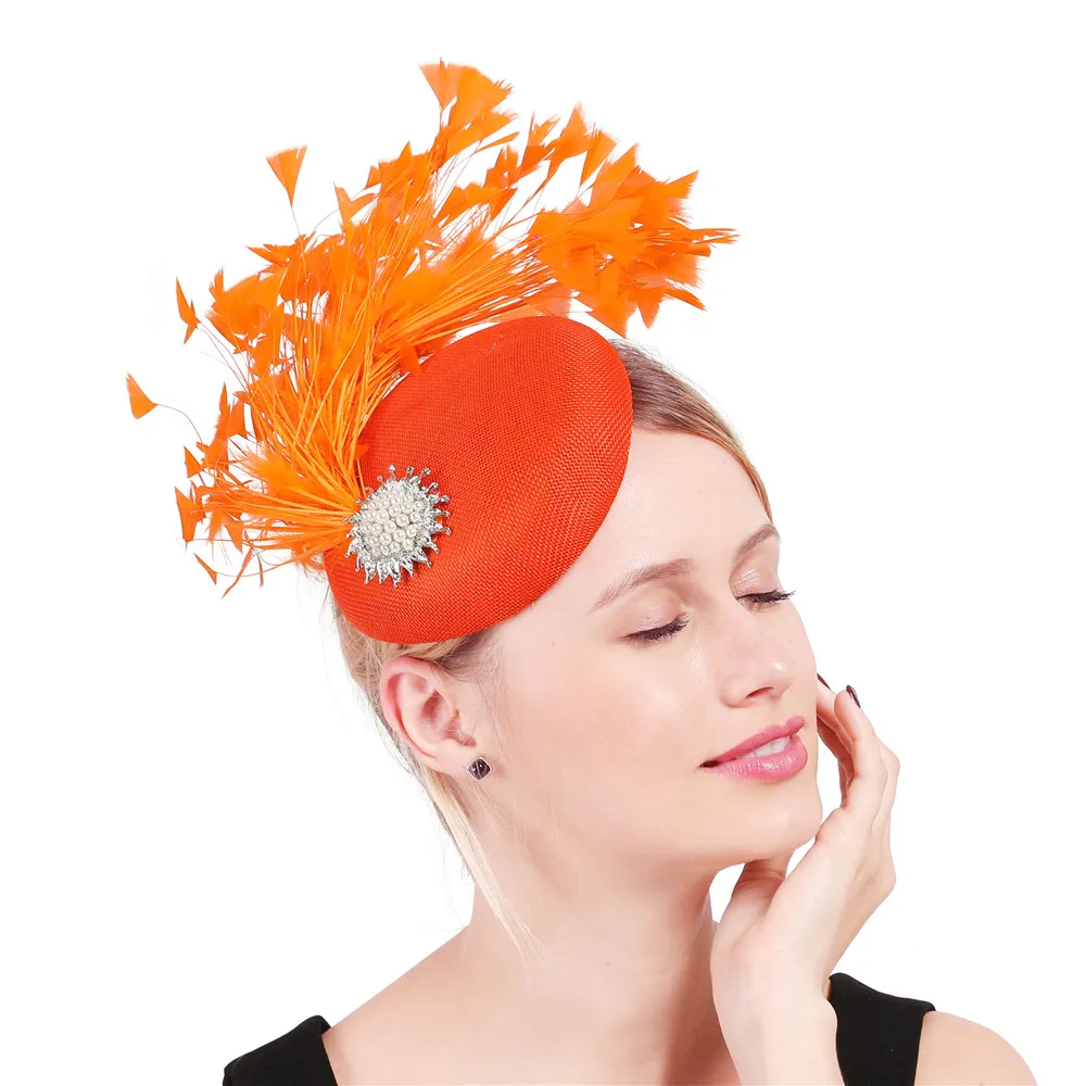 Elegant Ladies Orange Fascinators Church Party Hats Fedora Caps Feather Hair Clips Women Headwear Decoration Headdress XMF332