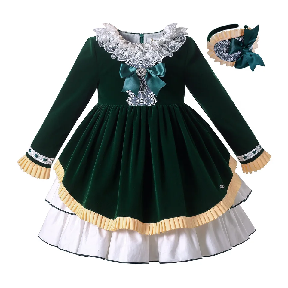 

Pettigirl Christmas Kids Girls Autumn Vintage Princess Bridesmaid Spainish Green Velvet Dresses Outfits Age 2345681012Years