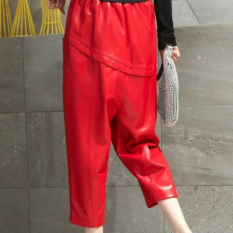 Streetwear Womens Calf Length Casual Harem Pants Hip Hop Loose Drop Crotch Sheepskin Real Leather Pants Elastic Waist Trousers