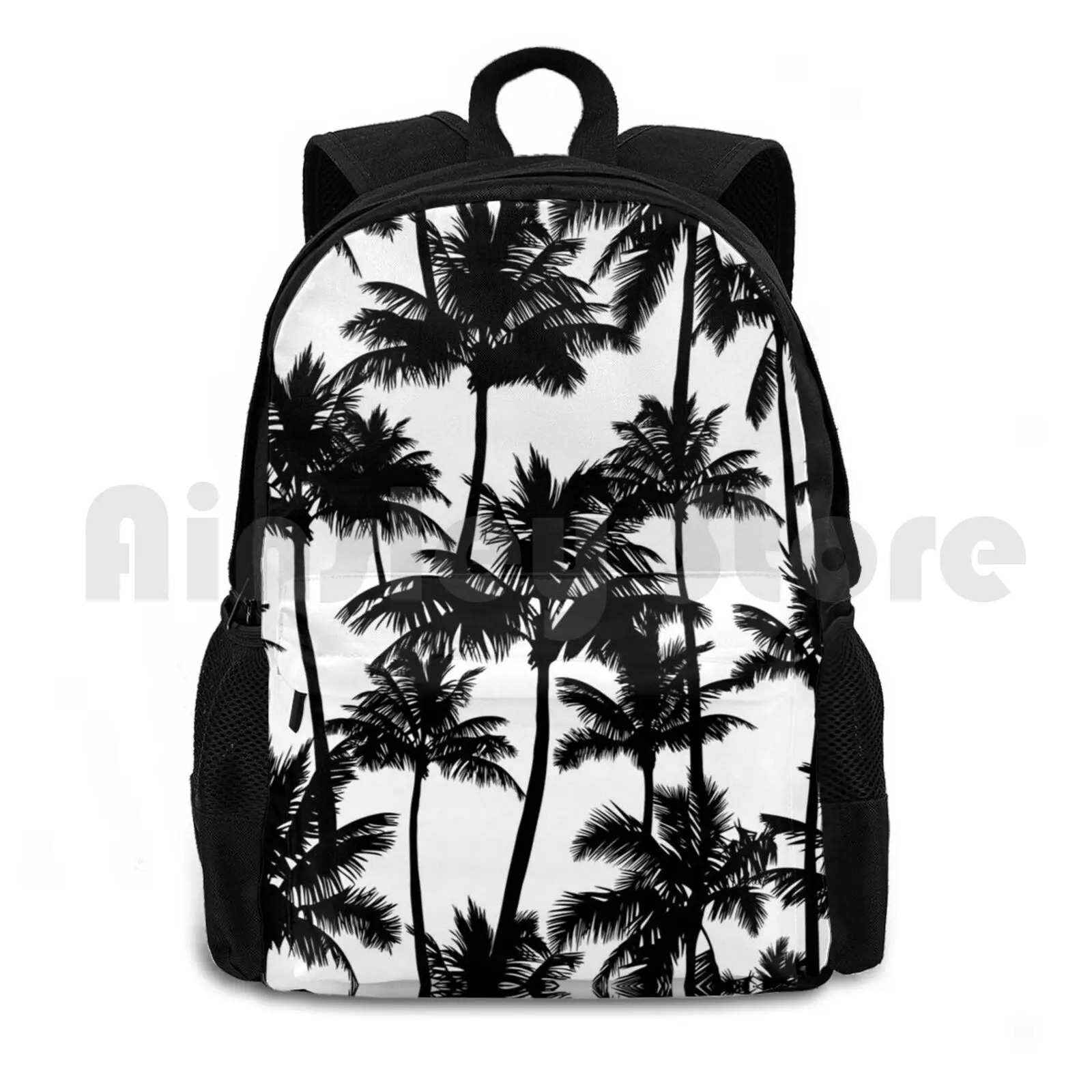 Black Palm Trees On White Background. Outdoor Hiking Backpack Waterproof Camping Travel Pattern Tropical Climate White