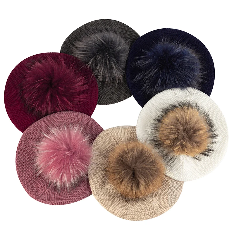 Women Fashion Solid Color French Elegant Berets Soft With Real Pompom Female Artist Hats Lady Casual Knitted Retro Caps