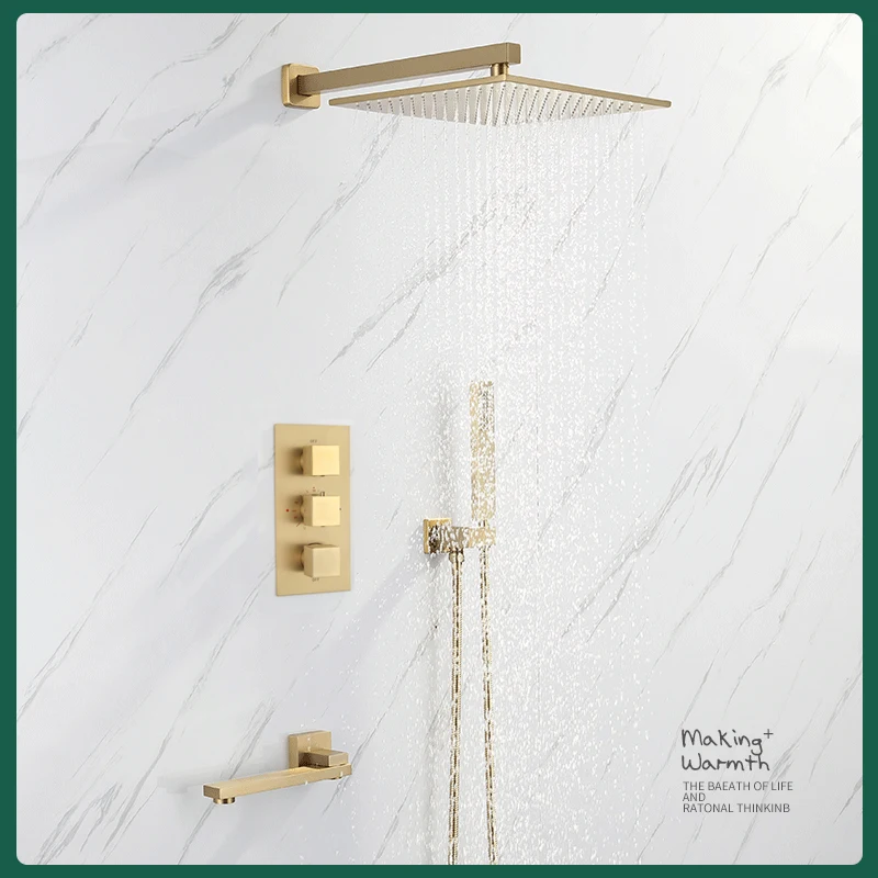 Thermostatic Bathroom Shower Faucet In Wall Brushed Gold Bath & Shower Faucet Set Thermostatic Mixer Bath and Rainfall Shower