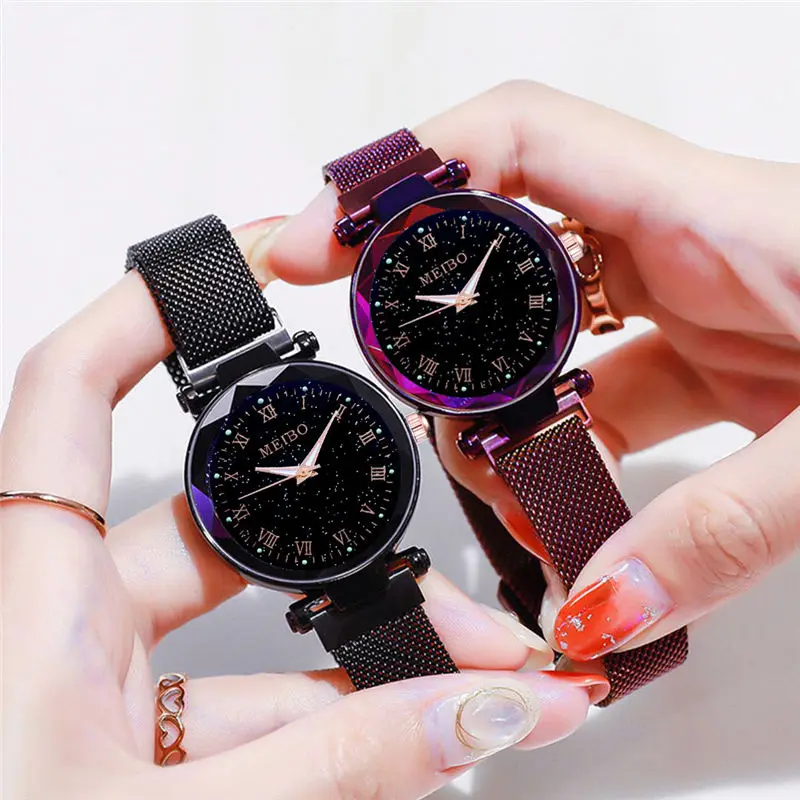 Relojes de moda para mujer, reloj de cielo estrellado con luz nocturna, reloj magnético de cuarzo, reloj femenino