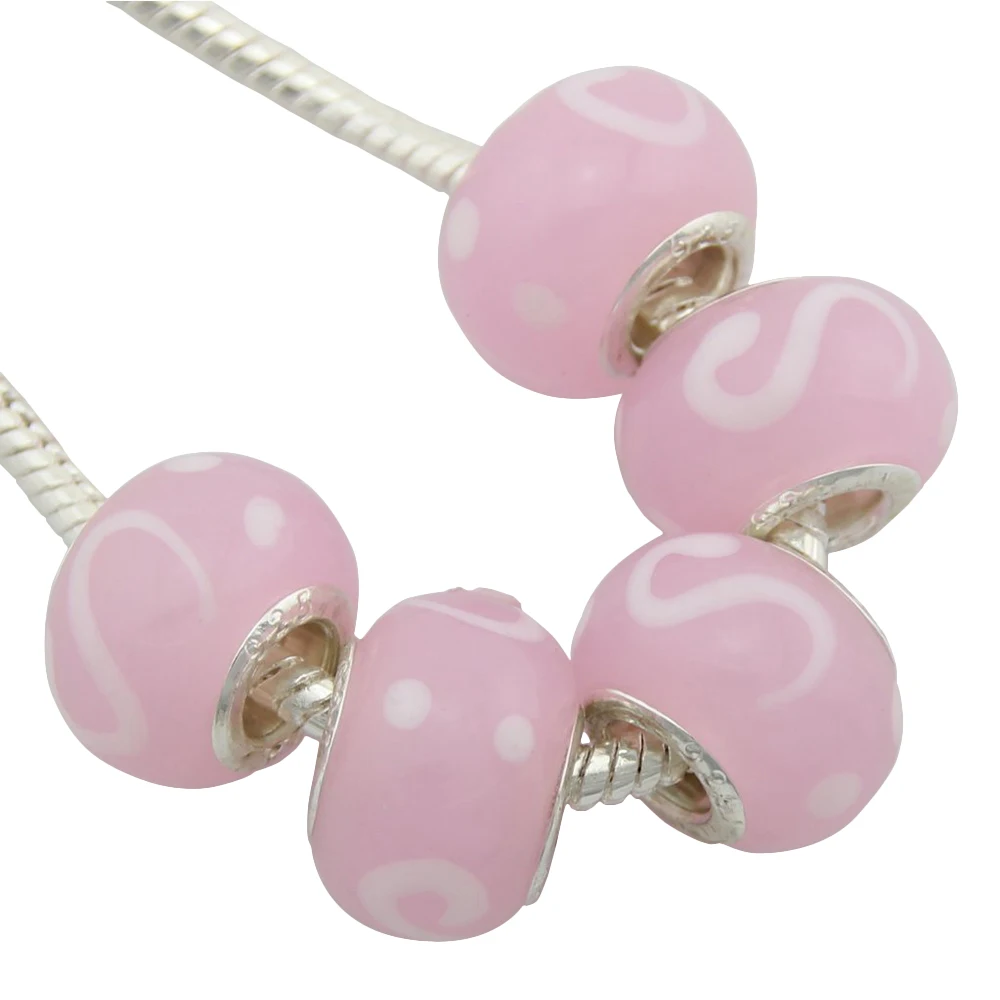 5pcs /Lot Pink Murano Glass Lampwork Beads Handmade Big Hole For European Charm Bracelets & Bangles Jewelry DIY G8