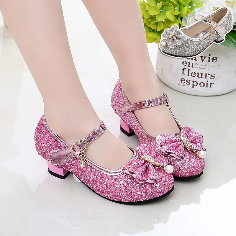 New Children Elegant Princess PU Leather Shoes Bow sequins Sandals Kids Girls Wedding Dress Party Beaded Shoes For Girls