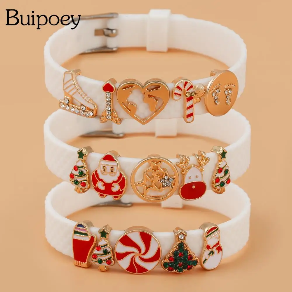 Buipoey 10mm White Siliconez Bracelets For Girls Boy Golden Beads Xmas Charm Adjustable Bangle New Year Kids Child Jewelry Gifts