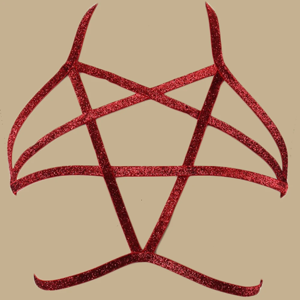 JLX.HARNESS Shining Red Pentagram Bondage Sexy Lingerie Pastel Goth Crop Top Body Belt Cage Bra Women Body Harness Bra