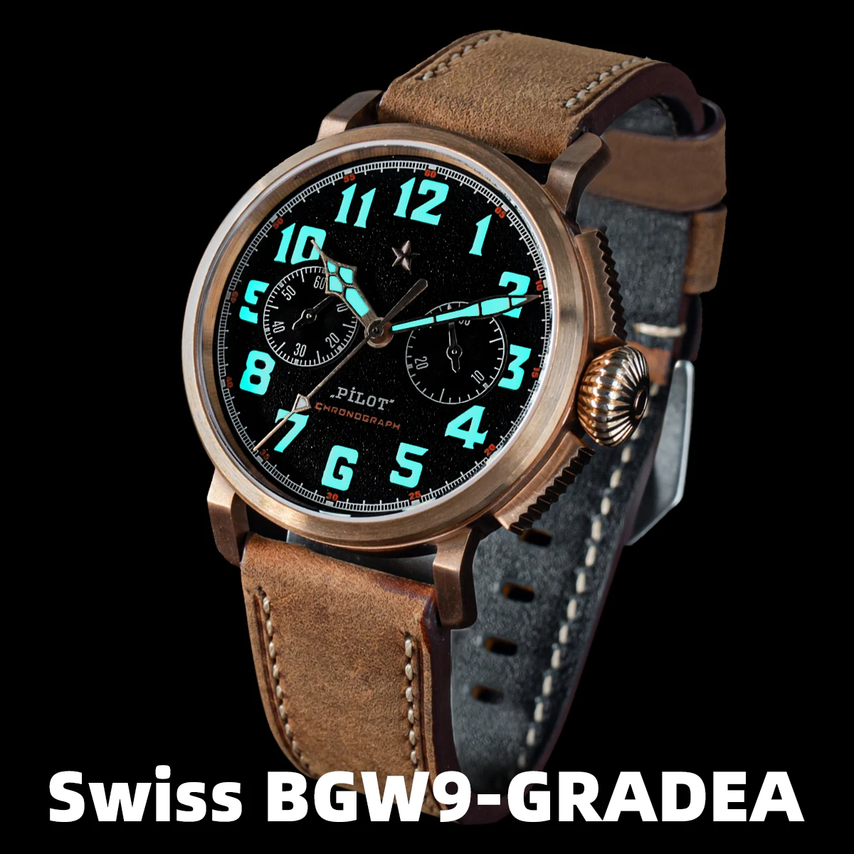 42mm Bronze Herrenuhr Mechanische Handaufzug Armbanduhr Original ST1901 Uhrwerk CuSn8 Gehäuse Saphir BGW9 Leuchtendes Lederarmband