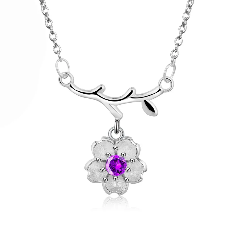 New Flower Shaped Necklace Chain Pink Purple Diamond Small Pendant Necklace Elegant Women Jewelry Gifts Dropshipping