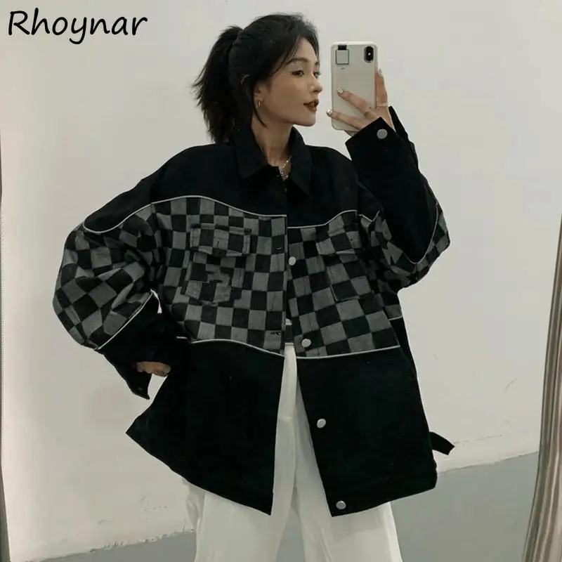 

Basic Jackets Women Patchwork Ins Chic Hipster Street Casual All-match Outerwear Spring Autumn Ulzzang Turn-down Collar Pockets