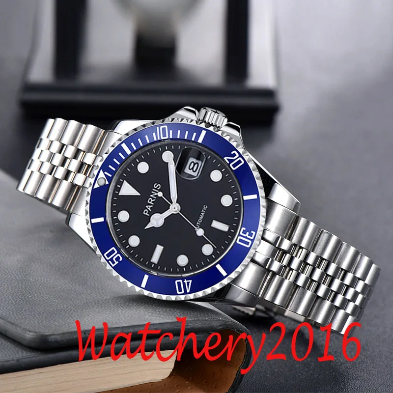 

40mm PARNIS Black Dial Luminous Ceramic Bezel Sapphire Glass Miyota 8215 Date Automatic Mens Watch