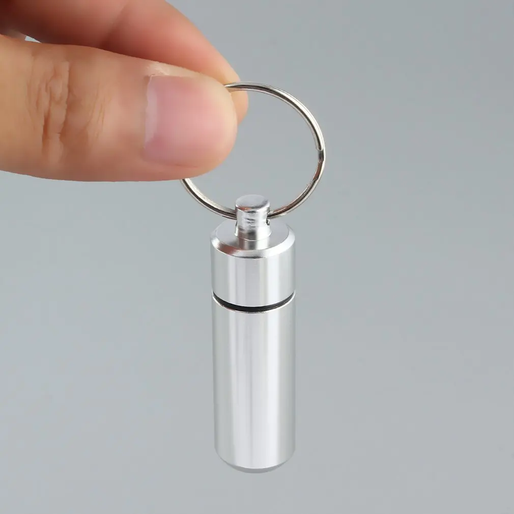 Mini Portable Waterproof Aluminum Silver Pill Box Case Bottle Cache Drug Holder Container With Key-Chain Key Holder