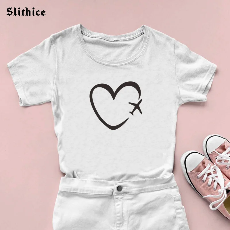 Heart Travel plane love Print Women t-shirt  Casual Funny Graphic t shirt Gift Lady Girl Top Tee Streetwear Camiseta Feminina