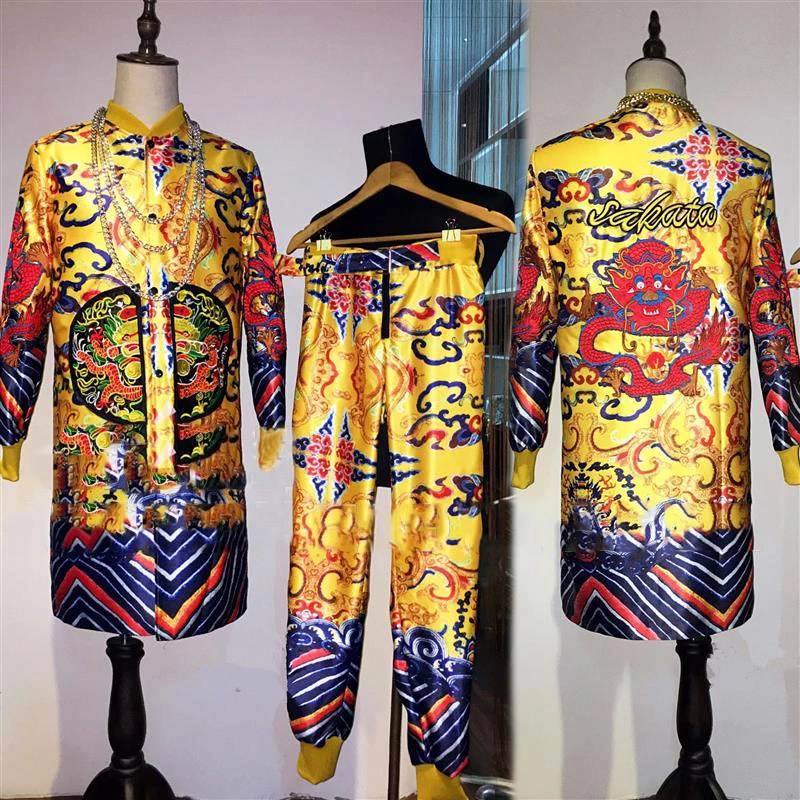 

Men Jazz Dance Costume Gold Printed Long Jacket Trousers Male Hip Hop Clothing Ds Dj Stage Show Clubwear Rave Outfit XS3175