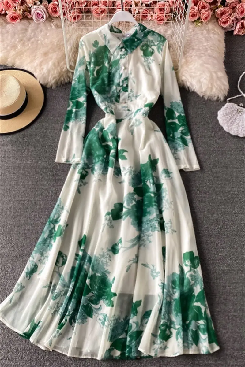 สไตล์อ่อนโยนเสื้อคอปกชุดผู้หญิงฤดูใบไม้ร่วง Retro ภาพวาดหมึกพิมพ์ Slim Long Maxi ชุดแขนยาว Femme Robe M035