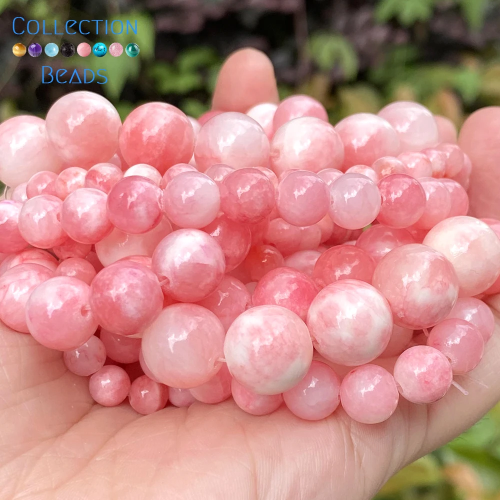 6/8/10/12mm Natural Stone Pink White Persian Jades Round Spacer Loose Beads For Jewelry Making DIY Bracelets Accessories 15''