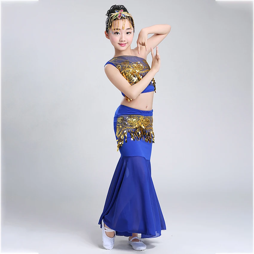 100-160ซม.Belly Dance Girl คอสเพลย์วันเด็กผู้หญิงไหล่ปิดเวทีเลื่อม Oriental เครื่องแต่งกายสำหรับเด็กกระโปรงหางปลา