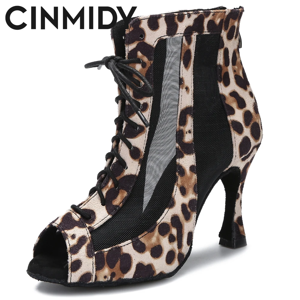 

Leopard Latin Dance Shoes For Women Ballroom Mesh Dance Boots Waltz Tango Pole Dance Shoes Sexy Belly Dance Shoes CINMIDY