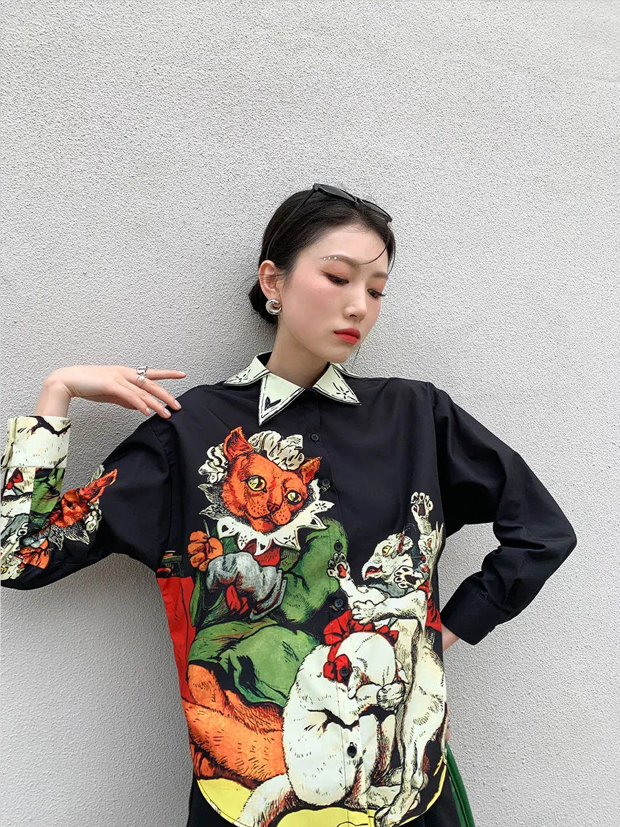 CHEERART Designer Black Long Sleeve Button Up Shirt Women Print High Fashion 2021 Collared Summer Top And Blouse Aesthetic Shirt