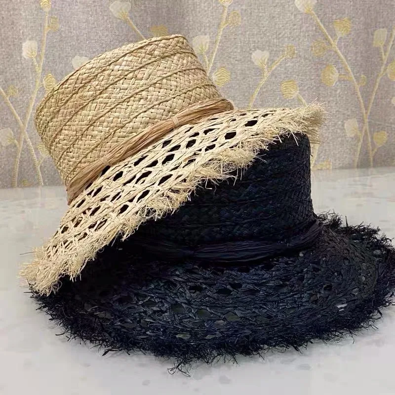 New Retro Hollow Raffia Bowknot Flat Top Straw Hat Raw Edge Sun Hat Female Summer Bucket Beach Hat Vacation Derby Verano