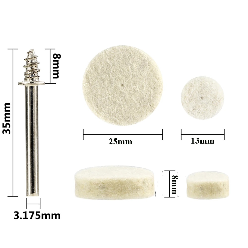 10/25/50/100 pces 13/25mm feltro de lã polimento roda de polimento almofada abrasiva de moedura com 1/8 "haste mandril para dremel ferramenta giratória
