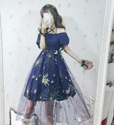 Vintage Kawaii dziewczyna słodka sukienka Lolita śliczne tłoczenie siatki bufiaste rękawy z okrągłym dekoltem wysokiej talii sukienka w stylu wiktoriańskim Gothic Lolita Op Cos