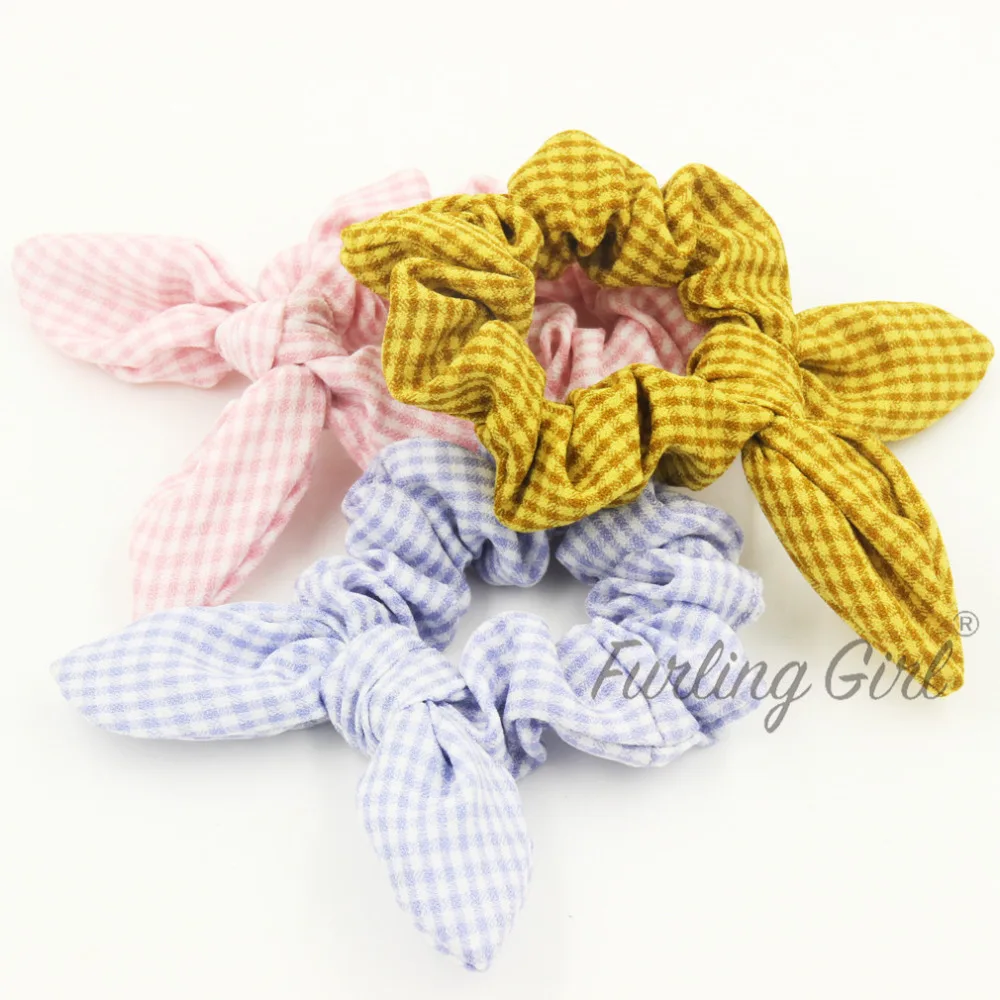 Furling Girl 1 PC Plaid Design Bunny Ears Hair Scrunchies Rabbit Ears Elastic Hair Bands Bowknot Hair Accessories Hair Bow