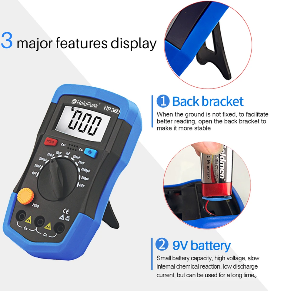 HoldPeak HP-36DMini Multimeter LCD Digital Capacitance meter Capacitor Tester pF mF Circuit Gauge Back Light