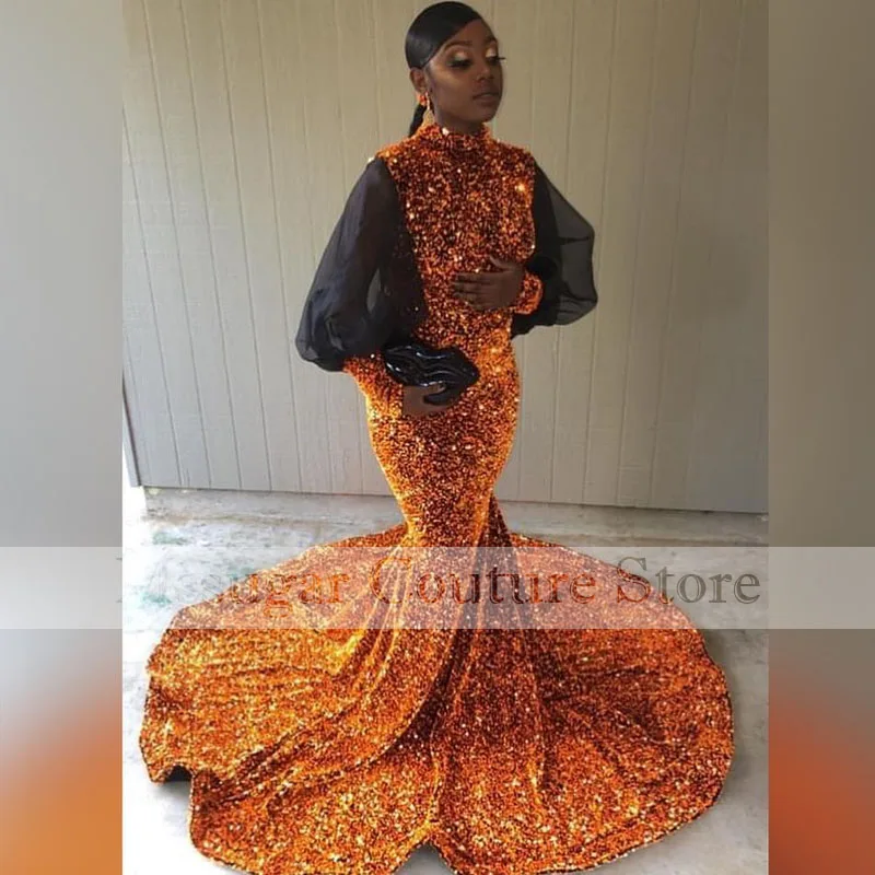 2021 Aso Ebi abiti da ballo a sirena con paillettes Illusion maniche lunghe Backless abiti da festa informali abito da sera africano