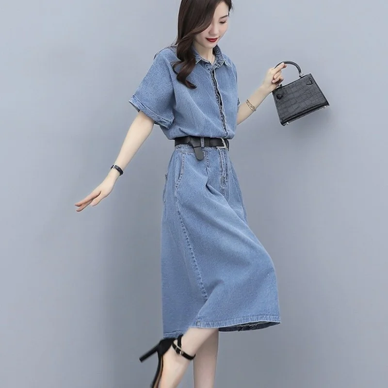 Summer Vintage Women Short Sleeve Midi Denim Dress Casual Office Ladies Belted Slim Fit Jean Dresses Streetwear Vestidos Female