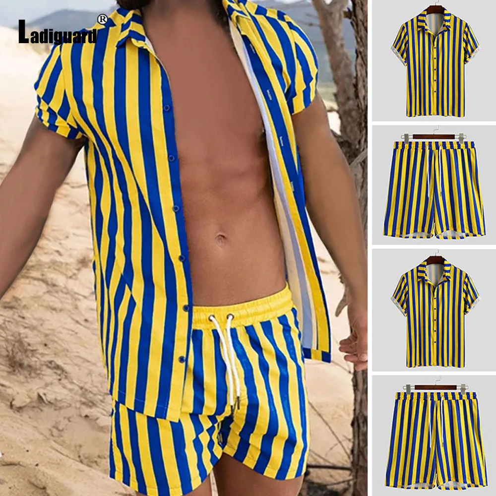 

Plus Size 3xl Men Tracksuit set ropa hombre men shirts sets single breasted stripes two piece outfits 2021 summer beachwear man