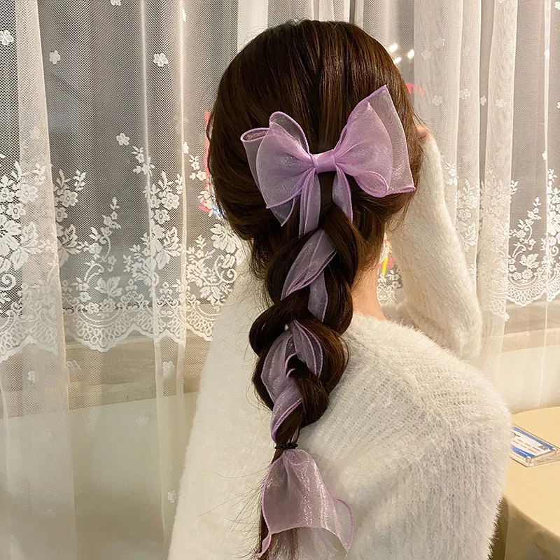 Women Long Lace Hairclip Hair Accessories Red Blue Pink Bow Barrette Ponytail Hairpin Shiny Silk Bow Clips Ribbons Wholesale