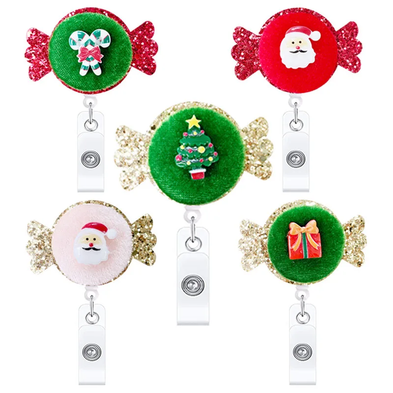 10pcs/lot Christmas Santa Claus Cloth Badge Reel for Nurse Doctor Retractable Brooches Clips Name Card Holders