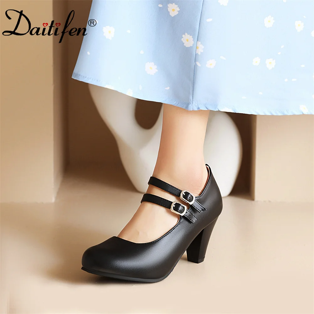 Daitifen 2022 New Spring Office Lady Shoes Concise Woman T-strap Pumps Metal Button Decorations Fashion Lolita Dress Shoes